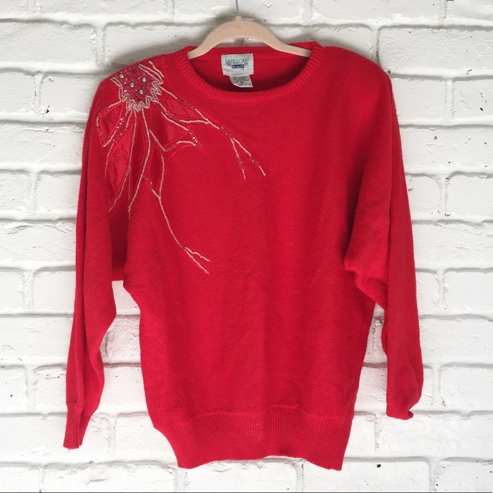 Vintage 80's Poinsettia Red Holiday Sweater